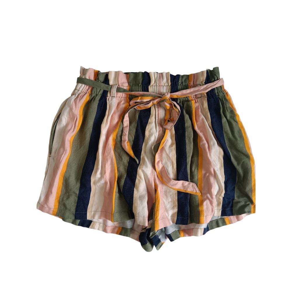 Hollister High Rise Striped Paperbag Shorts - Pink, Navy, Olive, Yellow, Cream